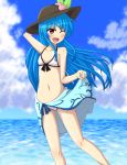  1girl ;d arm_behind_head bikini black_hat blue_hair blue_sky blush clouds collarbone food front-tie_top fruit hat hinanawi_tenshi long_hair navel one_eye_closed open_mouth peach red_eyes sarong seaside skirt skirt_lift sky small_breasts smile solo sun_hat swimsuit teoi_(good_chaos) touhou very_long_hair 