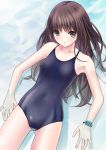  1girl black_hair brown_eyes chikuwa_(glossymmmk) competition_school_swimsuit long_hair one-piece_swimsuit original revision school_swimsuit solo swimsuit wristband 
