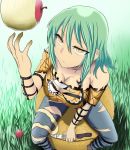  1girl apple artist_request breasts food fruit green_hair hikage_(senran_kagura) knife senran_kagura_(series) yellow_eyes 