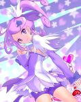  1girl arm_warmers artist_request bike_shorts choker cure_sword curly_hair detached_sleeves dokidoki!_precure dress earrings eyelashes fingerless_gloves gloves hair_flip hair_ornament hairclip half_updo happy highres jewelry kenzaki_makoto looking_at_viewer magical_girl ponytail precure purple_dress purple_hair short_hair shorts shorts_under_skirt side_ponytail smile solo source_request standing violet_eyes 
