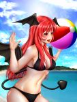  1girl alternate_costume armpits ball beach beachball bikini black_bikini blue_sky breasts cleavage clouds demon_tail demon_wings facing_away head_wings highres koakuma long_hair open_mouth outdoors raised_hand red_eyes redhead redoredo_(godprogress) shoreline sideboob sky solo sun swimsuit tail touhou wings 