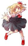 &gt;:d 1girl :d alphes_(style) ascot blonde_hair blouse dairi fang foreshortening hair_ribbon open_mouth parody red_eyes ribbon rumia short_hair skirt smile style_parody touhou transparent_background vest 