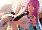 1girl angel_wings black_gloves blush bookshelf breasts elbow_gloves feathered_wings gloves haribote_(tarao) jibril_(no_game_no_life) long_hair low_wings magic_circle midriff no_game_no_life open_mouth pink_eyes pink_hair smile solo white_wings wings 