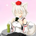  1girl animal_ears breasts closed_eyes detached_sleeves eating fang gradient gradient_background hat heart inubashiri_momiji large_breasts nawiria_vire pom_pom_(clothes) rice short_hair silver_hair sitting sitting_on_rock solo tail tail_wagging tokin_hat touhou wolf_ears wolf_tail 