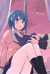  1girl blue_eyes blue_hair blush mahou_shoujo_madoka_magica miki_sayaka momoko_(palemon) open_mouth school_uniform short_hair undressing 