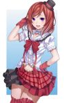  1girl blush bow fingerless_gloves frills gloves hand_on_hip hat looking_at_viewer love_live!_school_idol_project mini_top_hat navel navel_cutout nishikino_maki open_mouth plaid ray-akila redhead short_hair skirt smile solo top_hat violet_eyes 