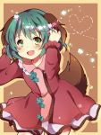  1girl animal_ears blush border dress fang green_eyes green_hair hands_in_hair heart heart_of_string kasodani_kyouko leaning_forward light_particles long_sleeves open_mouth outline red_background revision short_hair solo tail touhou uguisu_mochi_(ykss35) 
