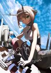  1girl anchor brown_hair chain finger_to_mouth gloves green_eyes hairband kantai_collection looking_at_viewer machinery mocha mutsu_(kantai_collection) one_eye_closed short_hair shushing smile solo turret 