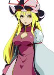  1girl abc1857 blonde_hair breasts bust cleavage cleavage_cutout hat hat_ribbon large_breasts long_sleeves looking_at_viewer mob_cap parted_lips ribbon simple_background solo tabard touhou white_background yakumo_yukari yellow_eyes 