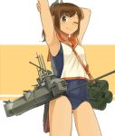  1girl armpits brown_eyes brown_hair highres i-401_(kantai_collection) kantai_collection kazumania looking_at_viewer machinery one_eye_closed ponytail smile solo stretch swimsuit swimsuit_under_clothes turret 