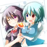  2girls adi_a aqua_hair blush breast_hold grin heterochromia houjuu_nue multiple_girls one_eye_closed open_mouth purple_hair short_hair smile tagme tatara_kogasa touhou violet_eyes 