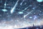  1girl bou_nin dark fantasy grass lamppost light meteor night night_sky original scenery short_hair sky solo star_(sky) starry_sky 