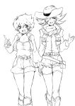  2girls boots breasts eyepatch female genderswap hat jim_crocodile_cook johan_andersen large_breasts lineart monochrome multiple_girls open_mouth shorts simple_background thigh-highs tobi_(one) white_background yuu-gi-ou yuu-gi-ou_gx 