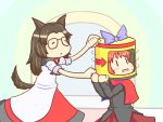  2girls animal_ears bespectacled bow brooch brown_hair cape chibi directional_arrow dress glasses hair_bow imaizumi_kagerou jewelry long_hair long_sleeves multiple_girls open_mouth ponzholic redhead sekibanki short_hair skirt smile tail touhou turning_head wolf_ears wolf_tail 