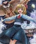  1girl ascot bird blonde_hair blush_stickers brown_eyes clouds cloudy_sky fangs full_moon hair_ribbon harikona long_sleeves looking_at_viewer moon night oil_painting_(medium) open_mouth outdoors outstretched_arms owl ribbon rumia short_hair skirt skirt_set sky solo spread_arms touhou traditional_media tree 