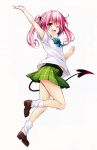  1girl ;d absurdres arm_up fang highres long_hair nana_asta_deviluke official_art one_eye_closed open_mouth pink_eyes pink_hair school_uniform smile solo tail to_love-ru to_love-ru_darkness twintails waving yabuki_kentarou 