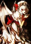  1girl bat_wings dress hat hat_ribbon looking_at_viewer mob_cap open_mouth red_eyes remilia_scarlet ribbon sash silver_hair solo touhou ubw-emiya white_dress wings 