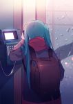  1girl absurdres backpack bag hatsune_miku highres long_hair phone phone_booth rain randoseru ryuutsuki_basetsu solo twintails vocaloid 