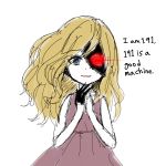  1girl artist_request blue_eyes brown_hair child cyborg dress english glowing glowing_eye hands_together long_hair open_mouth parted_lips red_eyes scp-191 scp_foundation simple_background sketch solo white_background 
