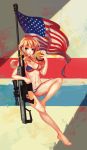  1girl american_flag american_flag_bikini barefoot bikini blonde_hair blue_eyes breasts cleavage doomfest flag_print food gun hamburger highres long_hair looking_at_viewer navel original rifle scope sniper_rifle solo swimsuit weapon 