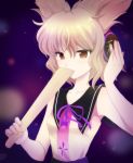  1girl absurdres bare_arms blonde_hair brown_eyes bust covering_mouth hand_on_headphones headphones highres hutson light_particles looking_at_viewer purple_background ribbon ritual_baton short_hair simple_background sleeveless sleeveless_shirt solo touhou toyosatomimi_no_miko 