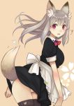  1girl animal_ears apron black_legwear blush breasts fox_ears fox_tail heart large_breasts long_hair looking_at_viewer maid open_mouth original panties pantyshot red_eyes silver_hair simple_background solo tail thigh-highs umasanjin underwear waist_apron white_panties 