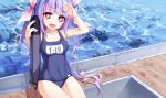  1girl absurdres fangs fish hair_ribbon highres i-19_(kantai_collection) kantai_collection long_hair looking_at_viewer open_mouth purple_hair red_eyes ribbon school_swimsuit sitting solo star star-shaped_pupils swimsuit symbol-shaped_pupils torpedo twintails water yuri_shoutu 