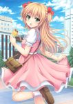  1girl :d bag blonde_hair bow building clouds crepe dress female food green_eyes hair_bow handbag highres holding_food long_hair looking_at_viewer nakamura_sumikage open_mouth original sky smile solo standing_on_one_leg two_side_up 