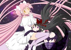  2girls absurdly_long_hair akemi_homura akuma_homura argyle argyle_legwear bare_shoulders black_gloves black_hair bow choker dress elbow_gloves finger_to_mouth gloves goddess_madoka hair_bow high_heels hug kaname_madoka long_hair looking_at_viewer mahou_shoujo_madoka_magica mahou_shoujo_madoka_magica_movie multiple_girls oman_(evld) pink_hair shushing smile space spoilers star_(sky) thighhighs two_side_up very_long_hair violet_eyes white_gloves yellow_eyes zettai_ryouiki 