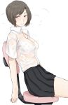  1girl bangs black_hair black_skirt blush bob_cut bra brown_eyes chair hot looking_back office_chair ogros original patterned see-through shirt short_hair simple_background sitting skirt sly solo sweat sweating sweating_profusely swept_bangs underwear wet wet_clothes white_bra white_shirt 