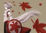  1girl animal_ears autumn_leaves bare_shoulders breasts closed_eyes detached_sleeves grey_background hat inubashiri_momiji leaf light_smile pom_pom_(clothes) rapuka shield short_hair silver_hair solo tail tokin_hat touhou wolf_ears wolf_tail 