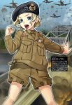  1girl airplane bang-you beret bernard_montgomery blonde_hair blue_eyes blue_sky bridge buttons clenched_hand clouds colored_eyelashes crying crying_with_eyes_open female genderswap hat highres jacket long_sleeves mc_axis military military_hat military_jacket military_uniform necktie open_mouth original outdoors outstretched_arm parachute pocket puffy_pants real_life short_hair shorts sky smoke solo tears text translation_request uniform 