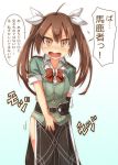  1girl ahoge blush bowtie brown_eyes brown_hair covering covering_crotch elbow_gloves gloves hair_ribbon highres kantai_collection long_hair looking_at_viewer ribbon single_glove skirt solo tears tone_(kantai_collection) translation_request twintails umino_mokuzu_(shizumisou) white_ribbon 