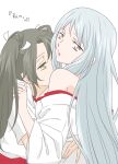  2girls bare_shoulders brown_eyes green_hair hair_ribbon kantai_collection long_hair multiple_girls off_shoulder ribbon shoukaku_(kantai_collection) silver_hair translation_request twintails udon_(shiratama) yuri zuikaku_(kantai_collection) 