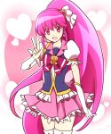  1girl aino_megumi cure_lovely hair_ornament happinesscharge_precure! heart_hair_ornament kuroi_paseri long_hair looking_at_viewer magical_girl open_mouth pink_eyes pink_hair pink_skirt ponytail precure skirt solo thigh-highs v very_long_hair 