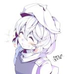  1girl 2014 ^_^ blush clenched_teeth closed_eyes dated hat kokka_han letty_whiterock monochrome short_hair simple_background smile solo touhou white_background 