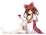  1girl ascot blush bow brown_hair cup detached_sleeves hair_bow hair_tubes hakurei_reimu long_hair mogi_(mai6334) open_mouth red_eyes simple_background solo touhou white_background wine_glass 