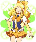  1girl blonde_hair bow cure_honey hair_bow hand_on_hip happinesscharge_precure! heart kuroi_paseri long_hair looking_at_viewer magical_girl one_eye_closed oomori_yuuko open_mouth ponytail precure skirt solo yellow_eyes yellow_skirt 