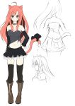  1girl absurdres animal_ears black_legwear breasts cat_ears cat_tail catstudioinc_(punepuni) from_behind hand_on_hip highres long_hair monochrome navel original partially_colored profile red_eyes redhead simple_background sketch skirt solo tail thigh-highs turnaround very_long_hair white_background 