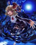  1girl ascot blonde_hair clouds darkness dress fang fisheye foreshortening full_moon hair_ribbon kabaji long_sleeves looking_at_viewer moon night oil_painting_(medium) open_mouth outdoors outstretched_arms red_eyes reflection ribbon rumia short_hair solo spread_arms thigh-highs touhou traditional_media water white_legwear 