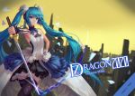  1girl 7th_dragon 7th_dragon_2020 absurdres ahoge artist_name atdan blue_eyes blue_hair character_name cityscape copyright_name hatsune_miku headphones highres katana long_hair skirt smile solo sword thigh-highs twintails very_long_hair vocaloid weapon 