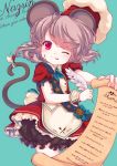  1girl :3 alternate_costume animal_ears apron bloomers chef_hat clothes_writing commentary_request dress feathers grey_hair hat head_tilt iris_anemone licking_lips looking_at_viewer menu mouse_ears mouse_tail nazrin one_eye_closed pink_eyes puffy_short_sleeves puffy_sleeves red_dress short_sleeves solo tail touhou translation_request underwear waist_apron wrist_cuffs 