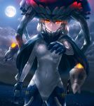  1girl black_gloves bodysuit breasts cape covered_navel full_moon gloves glowing glowing_eyes kantai_collection kfr light_trail long_hair looking_at_viewer moon outstretched_arm pale_skin red_eyes revision shinkaisei-kan silver_hair solo wo-class_aircraft_carrier 