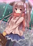  1girl bag brown_eyes brown_hair character_request cherry_blossoms copyright_request dutch_angle esureki frilled_skirt frills hair_ornament long_hair looking_at_viewer petals pleated_skirt school_bag school_uniform side_ponytail skirt smile solo tagme 
