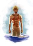  1boy blonde_hair fate/zero fate_(series) gilgamesh jewelry mgk968 necklace red_eyes shirtless solo tattoo water wet wet_clothes 