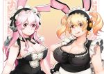  2girls alternate_costume animal_ears bare_shoulders blonde_hair breasts cleavage enmaided headphones huge_breasts large_breasts long_hair looking_at_viewer maid multiple_girls nitroplus pink_eyes pink_hair plump rabbit_ears red_eyes short_hair smile super_pochaco super_sonico tongue tongue_out twintails 