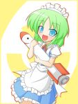  1girl :d apron cop_(shokkidana) green_hair maid maid_headdress mimi-chan missile open_mouth robot ruukoto smile solo touhou touhou_(pc-98) 