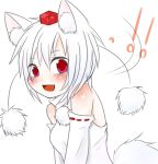  !! 1girl animal_ears blush breasts detached_sleeves fang happy hat inubashiri_momiji looking_at_viewer open_mouth pom_pom_(clothes) red_eyes short_hair silver_hair simple_background solo tail tokin_hat tosura-ayato touhou turning_head white_background wolf_ears wolf_tail 