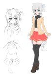  1girl absurdres animal_ears black_legwear blue_eyes cat_ears cat_tail catstudioinc_(punepuni) from_behind grey_hair highres looking_at_viewer navel original partially_colored short_hair simple_background skirt solo tail thigh-highs white_background 