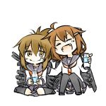  2girls ^_^ ahoge bottle brown_eyes brown_hair chibi closed_eyes fangs folded_ponytail hair_ornament hairclip ikazuchi_(kantai_collection) inazuma_(kantai_collection) kantai_collection long_sleeves machinery milk_bottle multiple_girls neckerchief open_mouth pleated_skirt sailor_collar school_uniform serafuku short_hair sitting skirt smile torihamu wariza white_background 